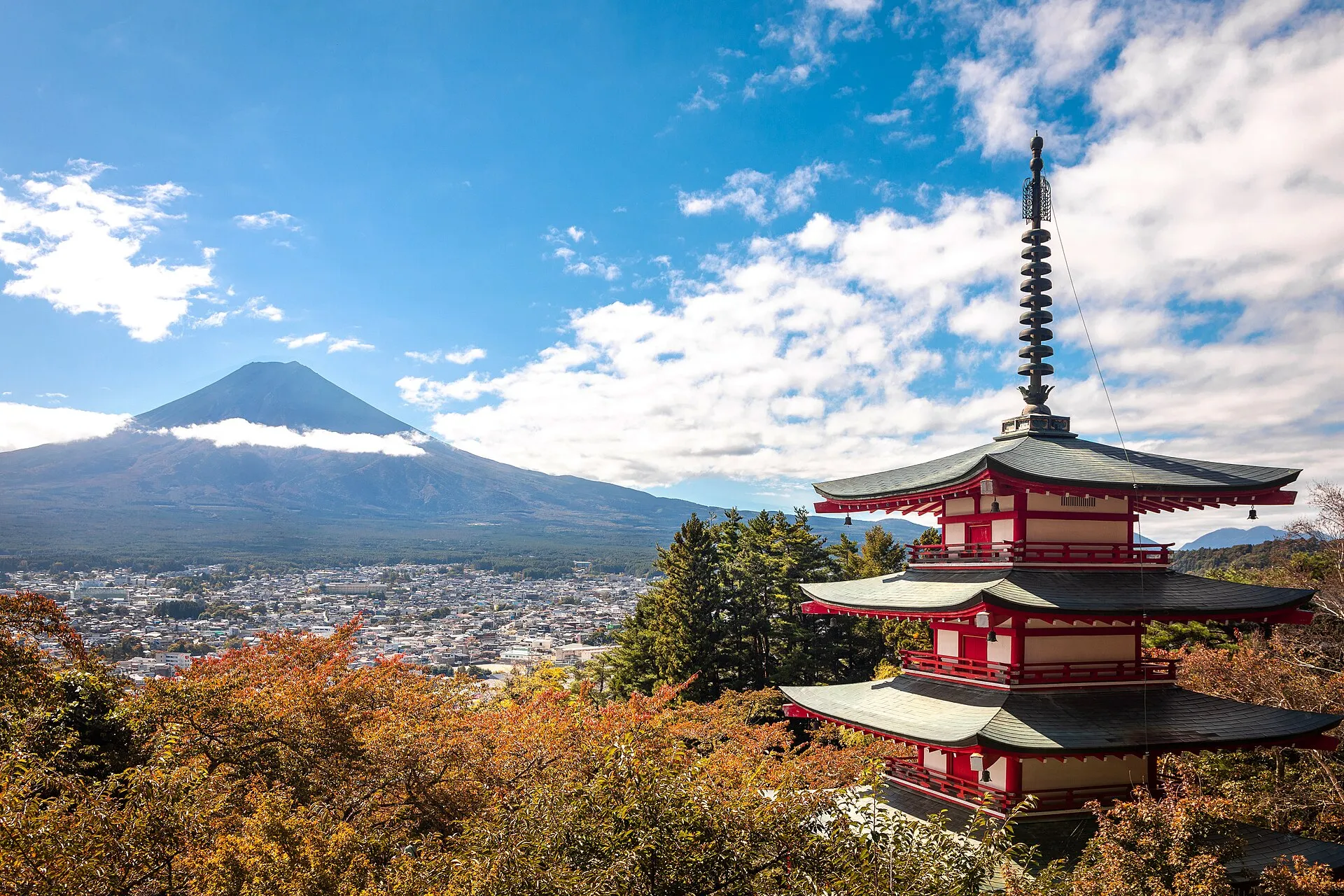 Chureito Pagoda overlooking Mount Fuji framed by autumn leaves